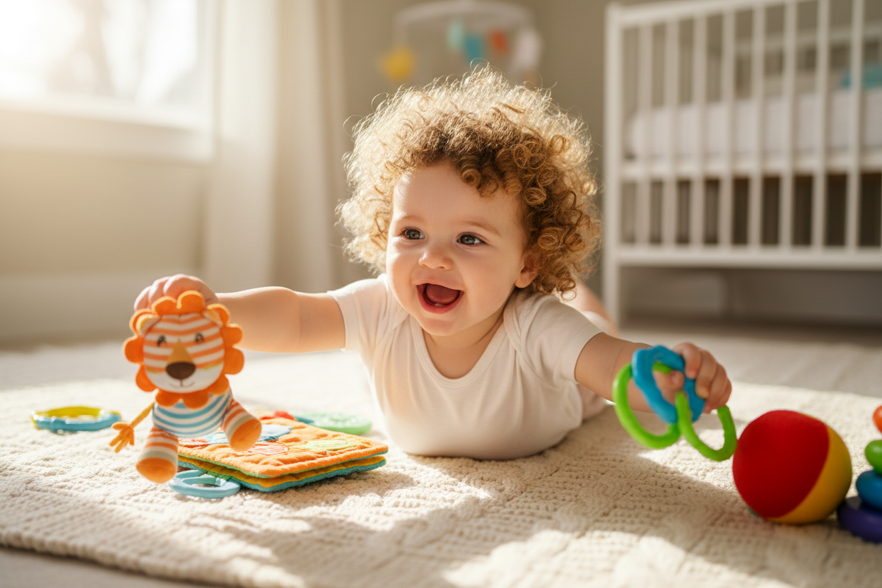 dziecko z kreconymi włosami bawi się zabawkami na leżąco